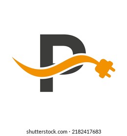 Letter P Electricity or Electrical Logo Concept with Electric Plug Vector Template