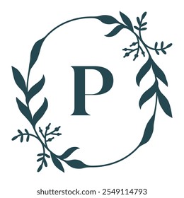 Letter P In Elegant Floral Oval Frame. Leafy Christmas Wreath. Vector  Illustration Isolated On White Background.