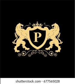 Letter P Elegant logo with two lions and shield vector design. Coat of arms