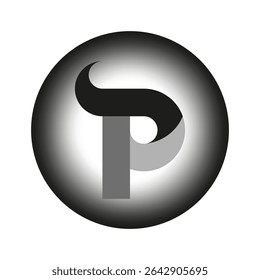 Letter P emblem. Gradient round icon. Monochrome shaded shape. Vector black background.