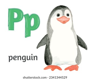 Letter P of the English alphabet with the image of a penguin  in watercolor on a white background. Children's drawing.