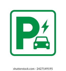 Letra P con el icono del coche de EV, signo de estacionamiento de vehículo eléctrico verde, punto de carga de coche eléctrico, espacio de estacionamiento para coches híbridos ecológicos, ilustración vectorial