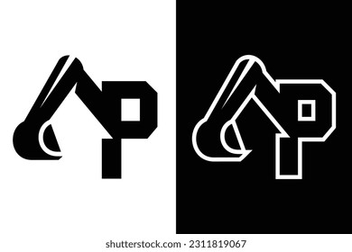 letter P with excavator concept black and white color, suitable for symbol, logo, company name, brand name, personal name, icon, identity and etc.