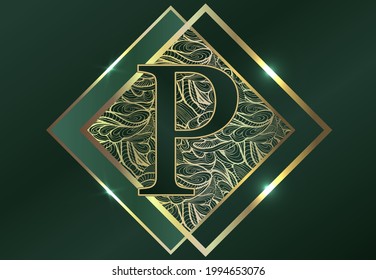 Letter P. Exclusive elite design of labels, badges, frames, logo, packaging. Gold monogram ornament on a green background. Great for
perfumery, soap, lotions.