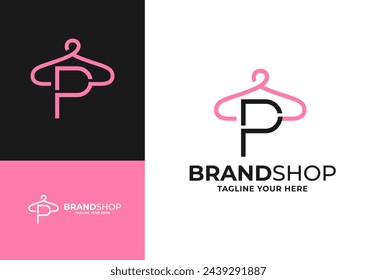 Letter P fashion logo, Hanging letter P logo vector, minimalist boutique logo design illustration. Initial capital P letter Elegant hanger icon