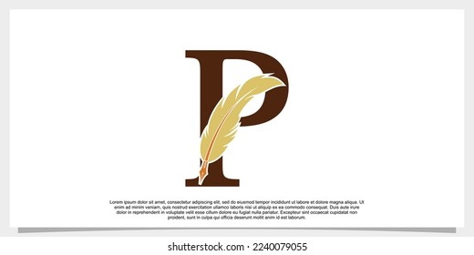 letter p feather logo design with feather pen icon concept