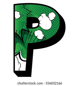Letter P filled with comic book explosion, background.
