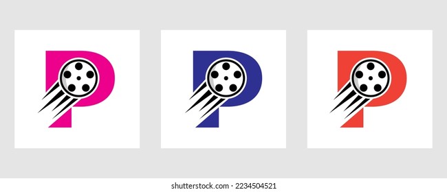 Letter P Film Logo Concept With Film Reel For Media Sign, Movie Director Symbol