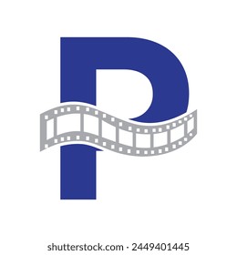 Letter P with Films Roll Symbol. Strip Film Logo For Movie Sign and Entertainment Concept