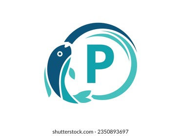 Letter P Fish Logo design. Water Animal icon. Font emblem. Modern vector logotype for business and company identity.