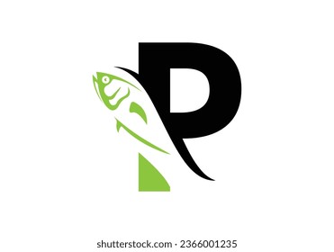 Letter P with fish logo design vector template