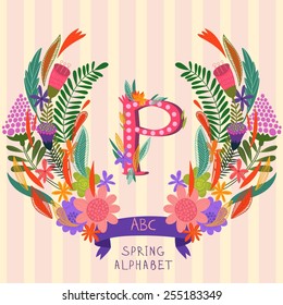 The letter P. Floral hand drawn monogram made of flowers and leafs in vector. Spring floral ABC element in vector. Can be used for posters, cards, blogs, backgrounds and any  stylish designs