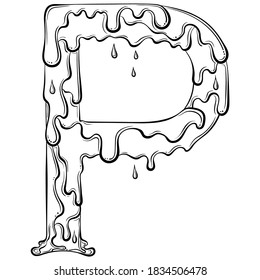 Letra P con gotas de flujo y goo splash. Símbolo líquido goteo. Tipo de letra vectorial a la moda hecho con estilo de arte de línea dibujado a mano aislado en fondo blanco. Logo de Slime o letra inicial.