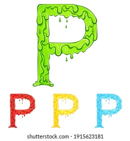 Letra P con gotas de flujo y goo splash. Ilustración de color del símbolo p en cuatro colores verde, rojo, amarillo, azul. Derrame líquido. Tipo de letra vectorial con estilo dibujado a mano aislado en fondo blanco.