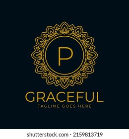 letter P flower graceful circle decoration monogram vector logo design