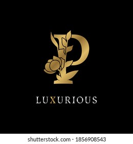 letter P flower leaves decoration for wedding, beauty care logo, personal branding identity, make up artist or any other royal brand and company. luxurious gold and silver color sample in dummy text