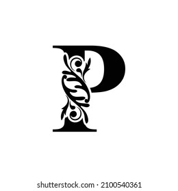 letter P. flower  letters. Vintage ornament initial Alphabet. Logo vector 
