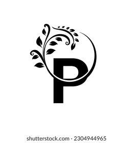 Ornamento floral de letra p. Logo del vector. Letra inicial moderna y minimalista p imagen vectorial