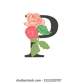 Letter P with flowers. Composition of the letter and floral elements on a white background. Illustration in vintage style in pastel colors.