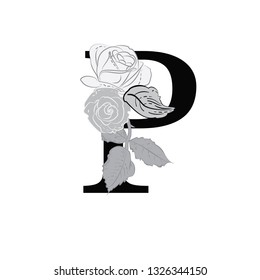 Letter P with flowers. The composition of flowers and letters. Latin letter in monochrome retro style. Stylish decorative composition for a logo, signboard, banner, print.