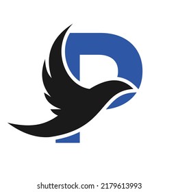 Letter P Flying Bird Logo Template Vektorsignatur. Dove-Bird-Logo auf Buchstabe P-Konzept