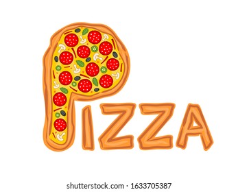 Letter P in the form of pizza. Logo for a pizzeria, cafe or restaurant. Title for pizzeria menu on a white background.
