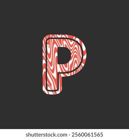 Letter P from fresh raw meat fish. Vector latin meat alphabet. Red meat salmon font for restaurants, butcher shop, farmers market, Salmon fillet marble texture, fish pattern. 