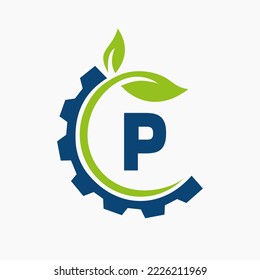 Plantilla de vectores de diseño de logotipo de hoja de engranaje P de la letra. Símbolo De La Hoja Y El Engranaje