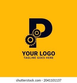 letter P with gear for technology and mechanical vector logo design