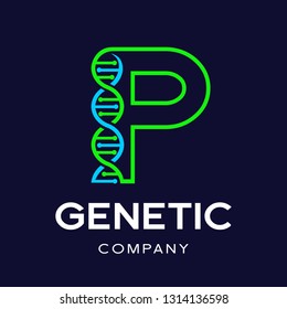 Letter P Genetic DNA vector logo template. Design with chromosome symbol. This logo is suitable for research, science, medical, logotype, technology, lab, molecule, protein, nucleus, spiral.