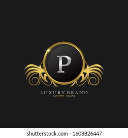 Letter  P Golden Circle Shield Luxury  Brand  Logo, vector design concept  for initial, luxury business, hotel, wedding service, boutique, decoration and more brands.