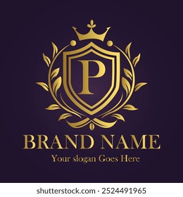 Letra P coroa dourada ilustração do vetor do logotipo.