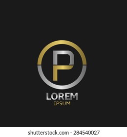Letter P with golden and silver parts. Vector illustration.