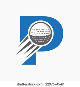 Letter P Golf Logo Concept With Moving Golf Ball Icon. Hockey Sports Logotype Symbol Vector Template