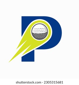 Letter P Golf Logo Concept With Moving Golf Ball Icon. Hockey Sports Logotype Symbol Vector Template