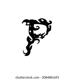 Letter P in gothic graffiti style. Black letter with curls. Logo or design element. Vector illustration isolated on white background. Vector EPS 10.