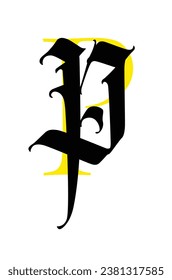 Letter P, in the Gothic style. Vector. Alphabet. The symbol is isolated on a white background. Calligraphy and lettering. Medieval Latin letter. Logo for the company. Monogram. Elegant font for tattoo