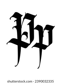 Letter P, in the Gothic style. Vector. Alphabet. The symbol is isolated on a white background. Calligraphy and lettering. Medieval Latin letter. Logo for the company. Monogram. Elegant font for tattoo