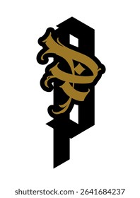 Letter P in graffiti and gothic style. Vector. Graffiti, tag and medieval latin letter. Signs and symbols for design. Calligraphy, lettering and tags. Modern interpretation of gothic.