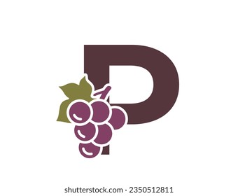 letter p with grapes. fruit alphabet logo symbol. gardening, harvest and winemaking design. isolated vector image