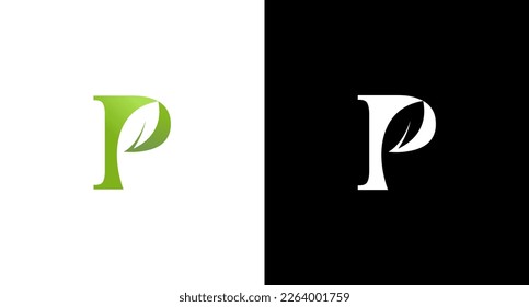 Letter p and green leaf logo vector herbal monogram black and white icon style Design template