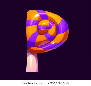 Letter P Halloween font, cartoon evil type, funny scary typeface, spooky alphabet uppercase letter designed as a colorful lollipop with orange and purple swirls. Isolated vector trick or treat abc