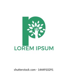 Letter P and hand tree logo design. Natural products logo. Cosmetics icon. Spa logo. Beauty salon or yoga logo.	