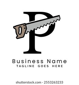 Letter P handsaw logo. Alphabet P woodwork and carpentry icon