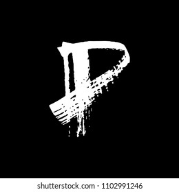 Letter P. Handwritten by dry brush. Rough strokes textured font. Vector illustration. Grunge style alphabet.