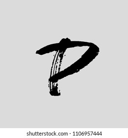Letter P. Handwritten by dry brush. Rough strokes textured font. Vector illustration. Grunge style alphabet.