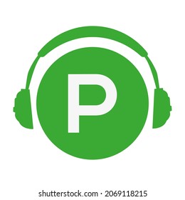 letter P head phone simple vector icon or logo with green color