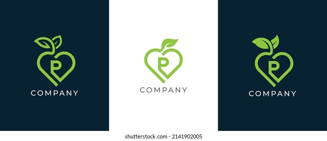 Letra P Logotipo de hoja de corazón Símbolo de símbolo de concepto Diseño. Plantilla de logotipo de ilustración de vector