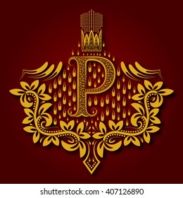 Letter P heraldic monogram in coats of arms form. Vintage golden logo with shadow on maroon background. Letter P is surrounded by floral elements of design.