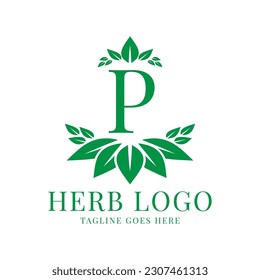 letter P herbal leaves initial vector logo design